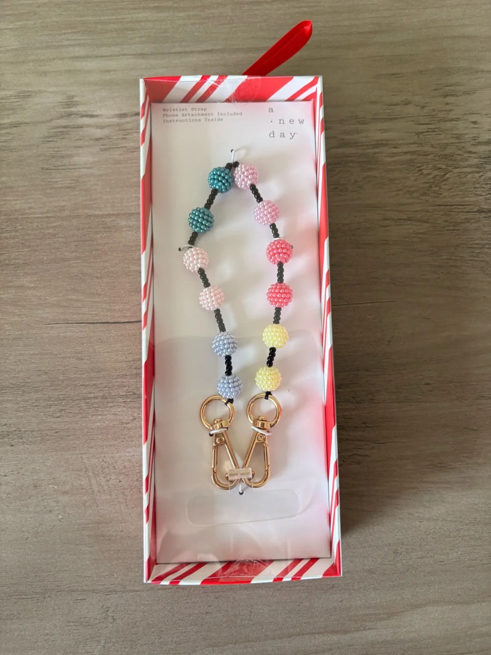 A New Day Beaded Phone Wristlet Strap Multicolor Gold Tone Phone Charm NWT